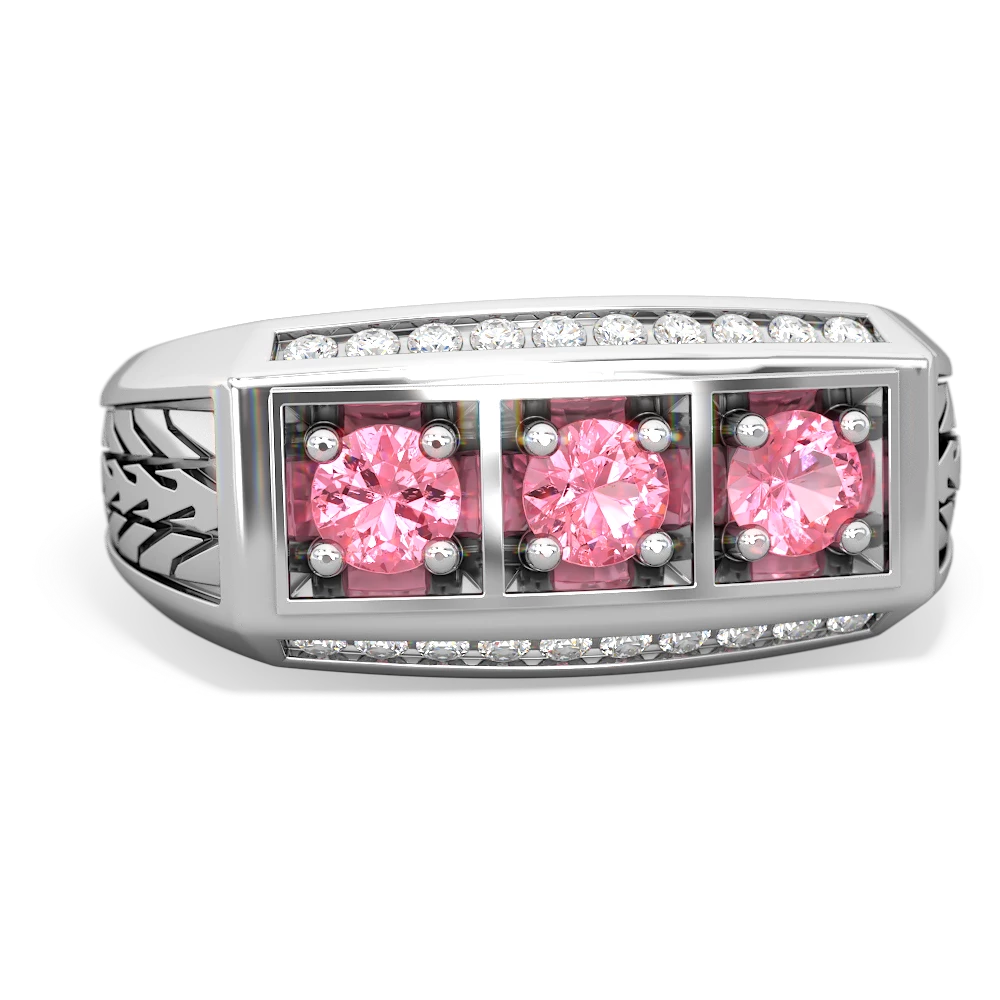 Lab Pink Sapphire Three Stone Tire Tread Men's 14K White Gold ring R0520