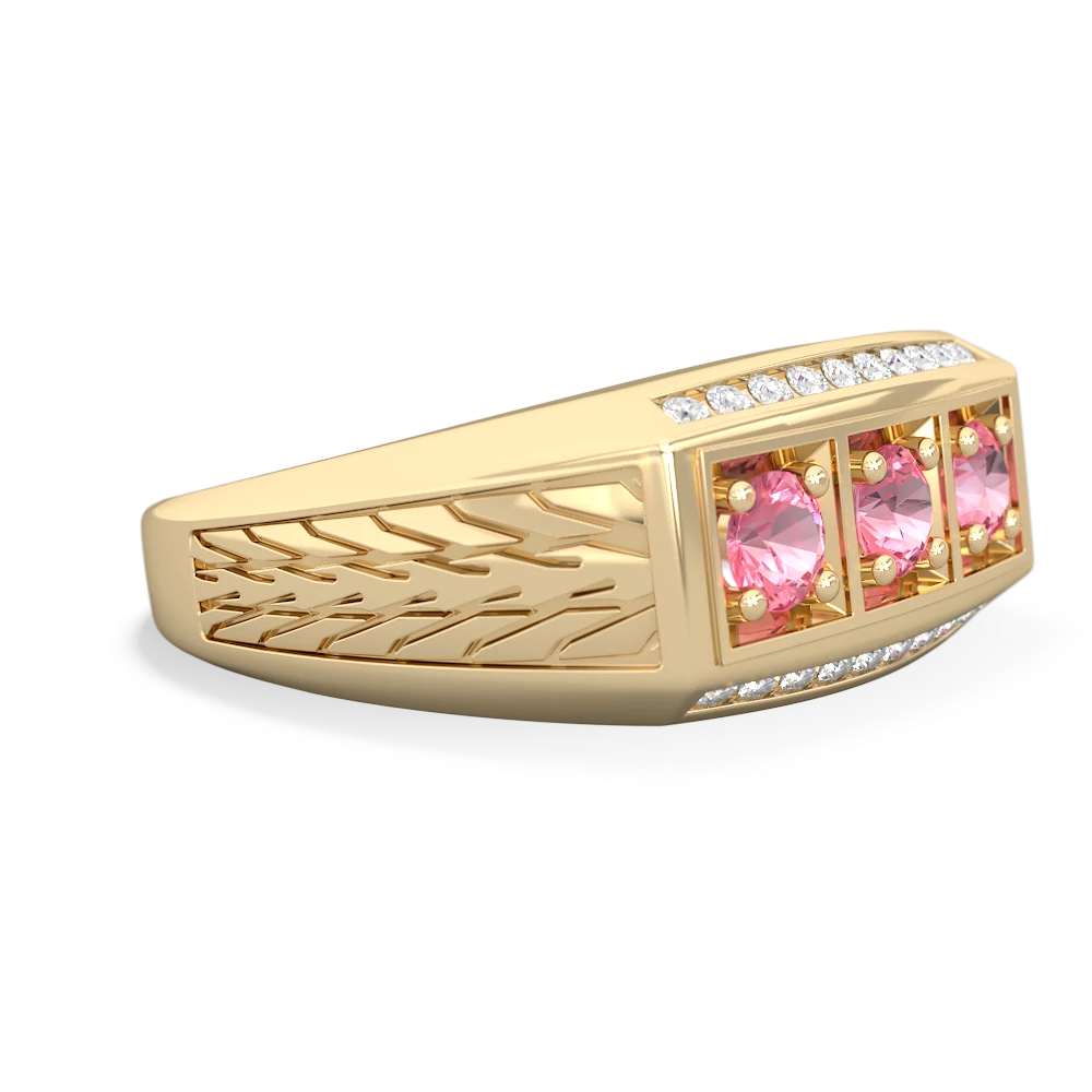 Pink Tourmaline Three Stone Tire Tread Men's 14K Yellow Gold ring R0520