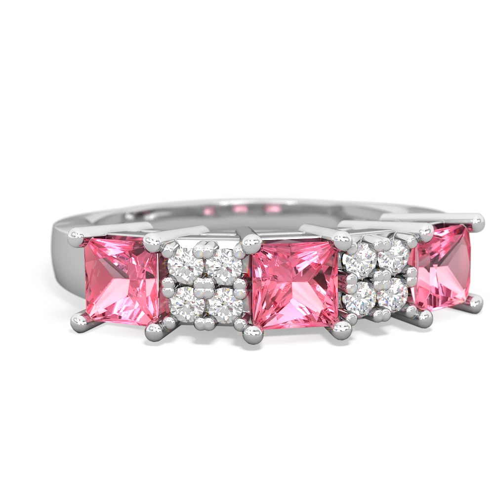 Lab Pink Sapphire Three Stone Diamond Cluster 14K White Gold ring R2592