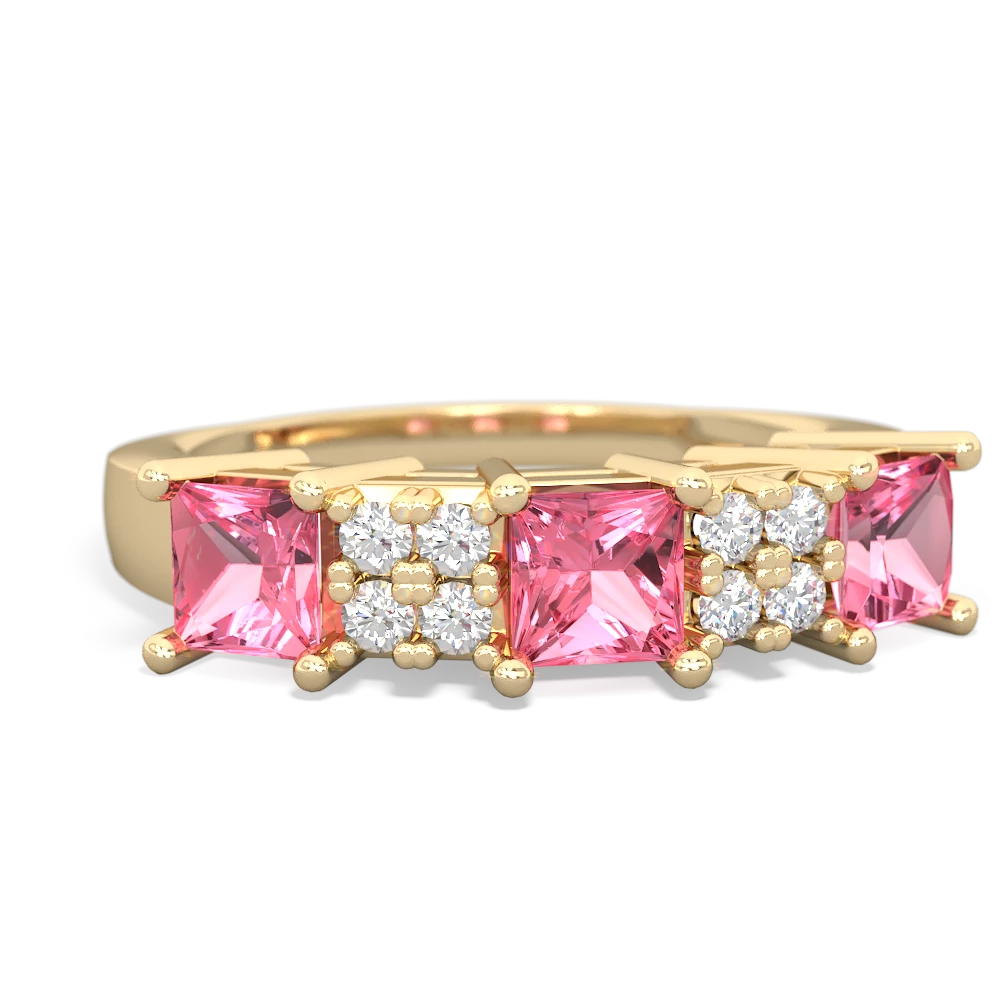 Lab Pink Sapphire Three Stone Diamond Cluster 14K Yellow Gold ring R2592