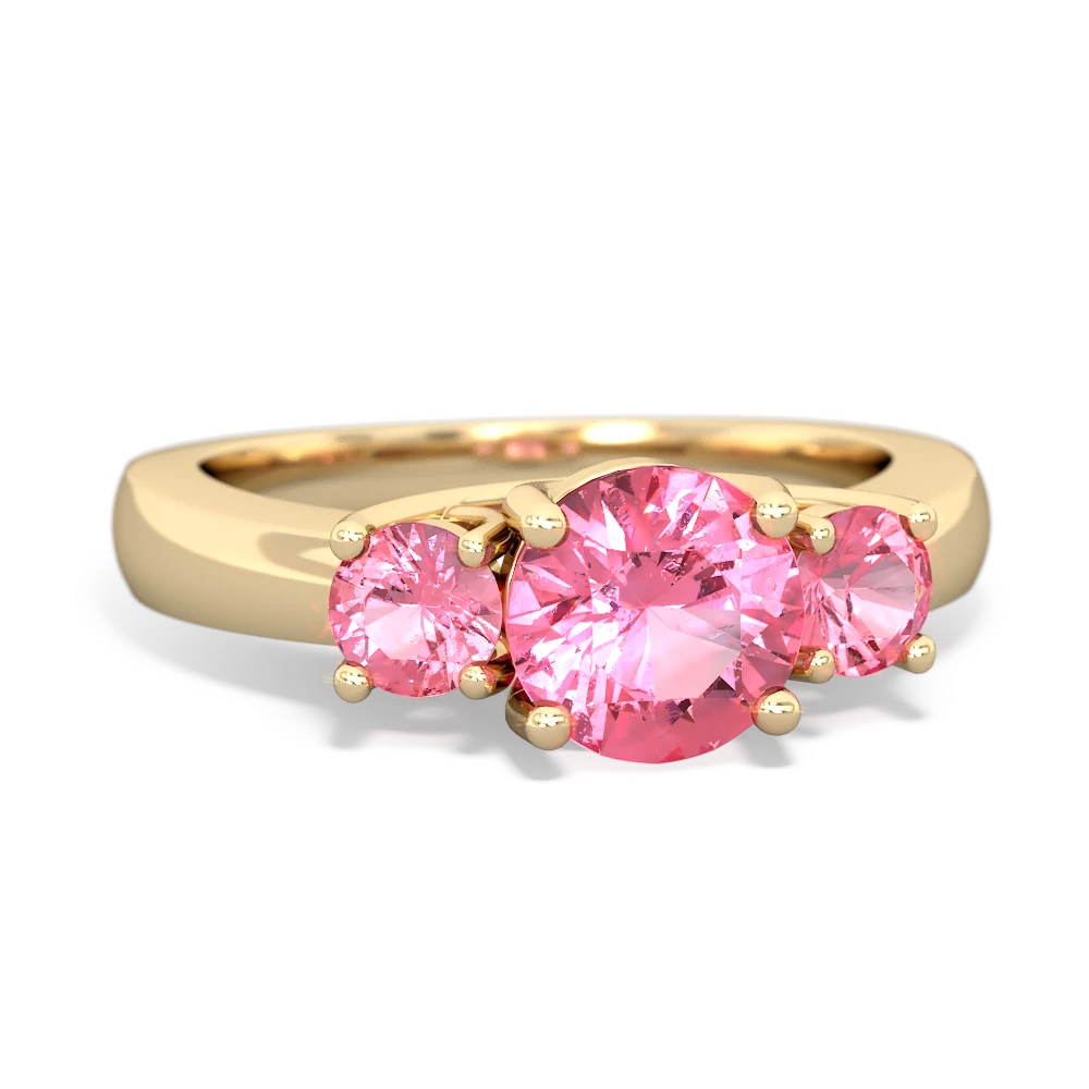 Lab Pink Sapphire Three Stone Round Trellis 14K Yellow Gold ring R4018