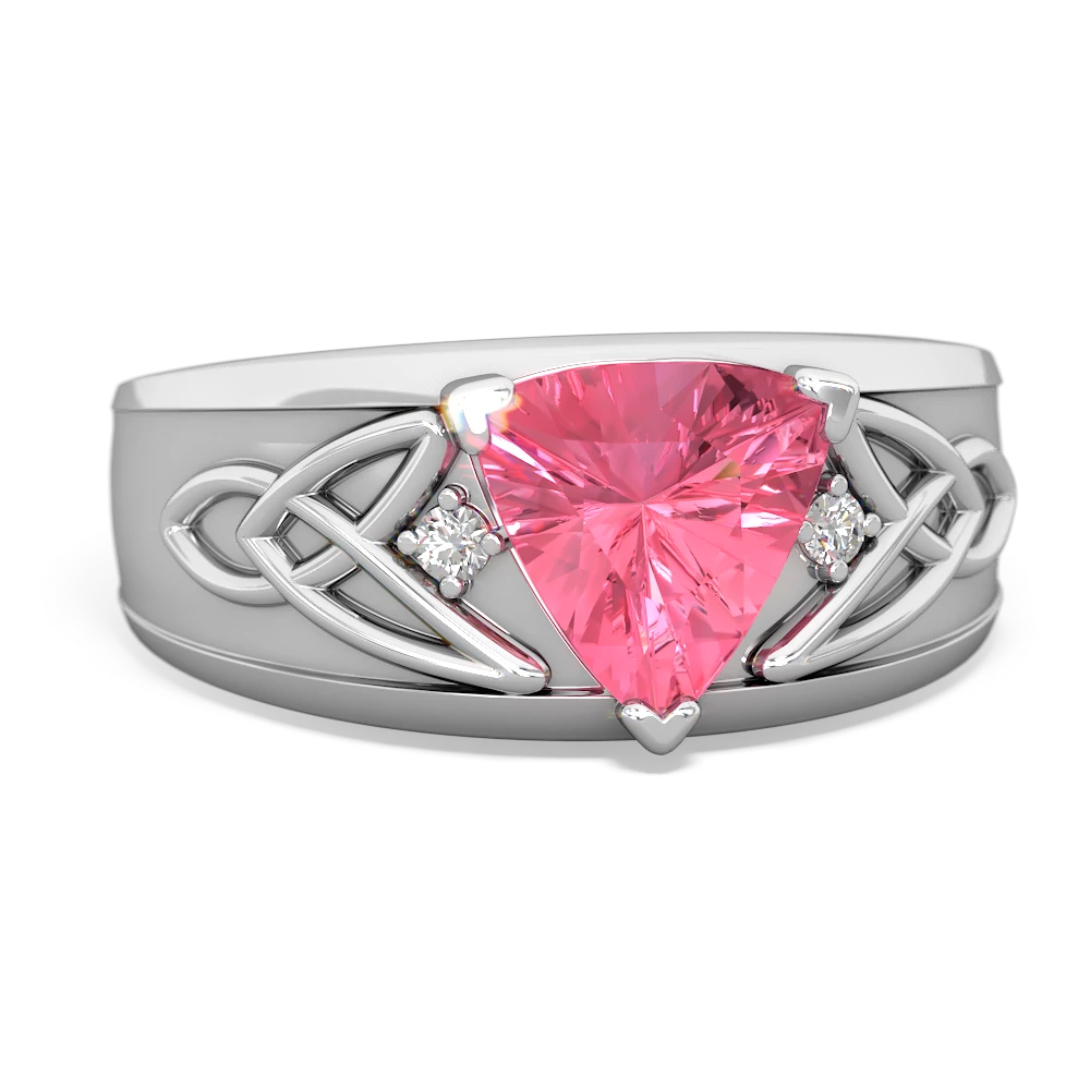 Lab Pink Sapphire Celtic Trinity Knot Men's 14K White Gold ring R0440 - front view