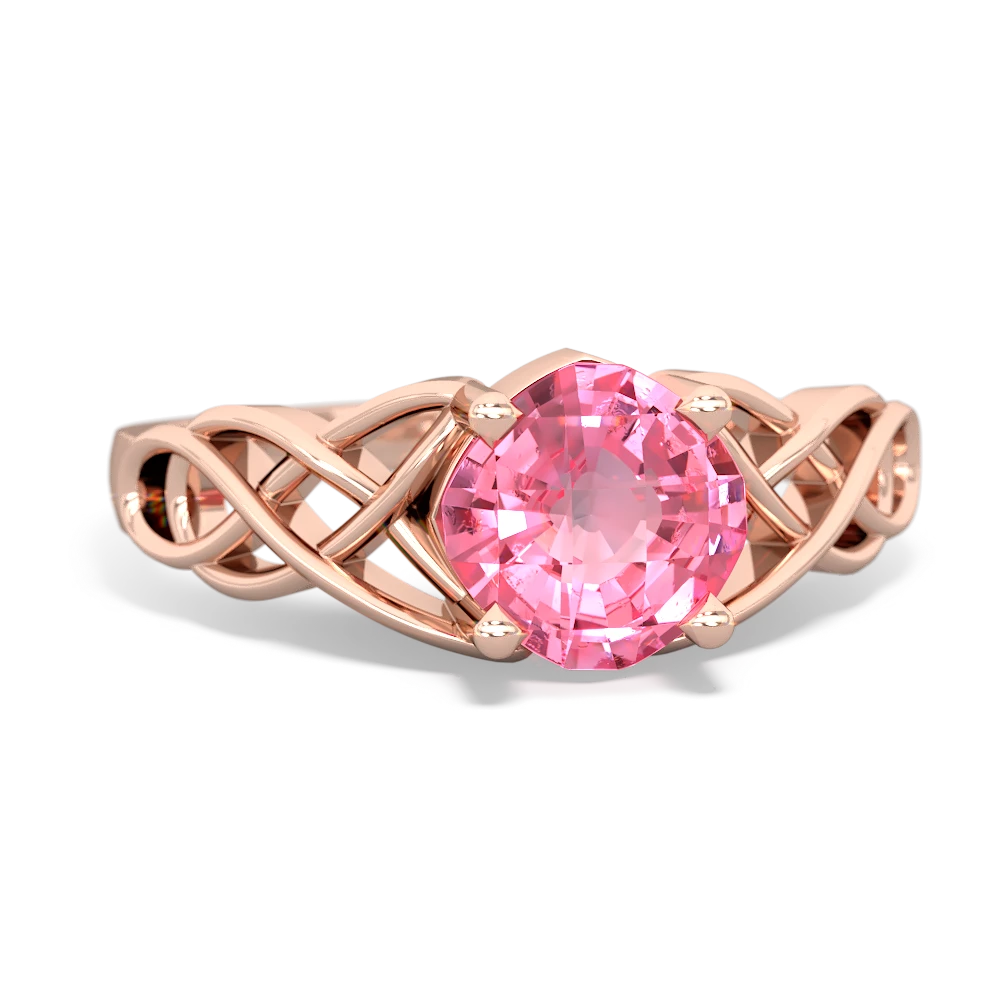 Lab Pink Sapphire Checkerboard Cushion Celtic Knot 14K Rose Gold ring R5000