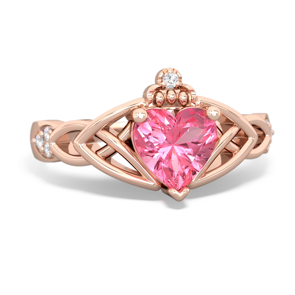 Lab Pink Sapphire Claddagh Celtic Knot Diamond 14K Rose Gold ring R5001