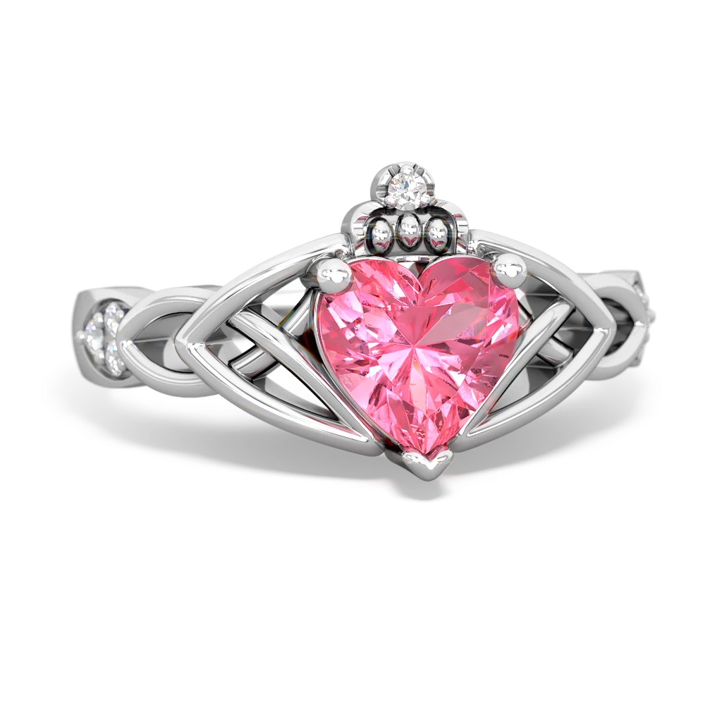 Lab Pink Sapphire Claddagh Celtic Knot Diamond 14K White Gold ring R5001