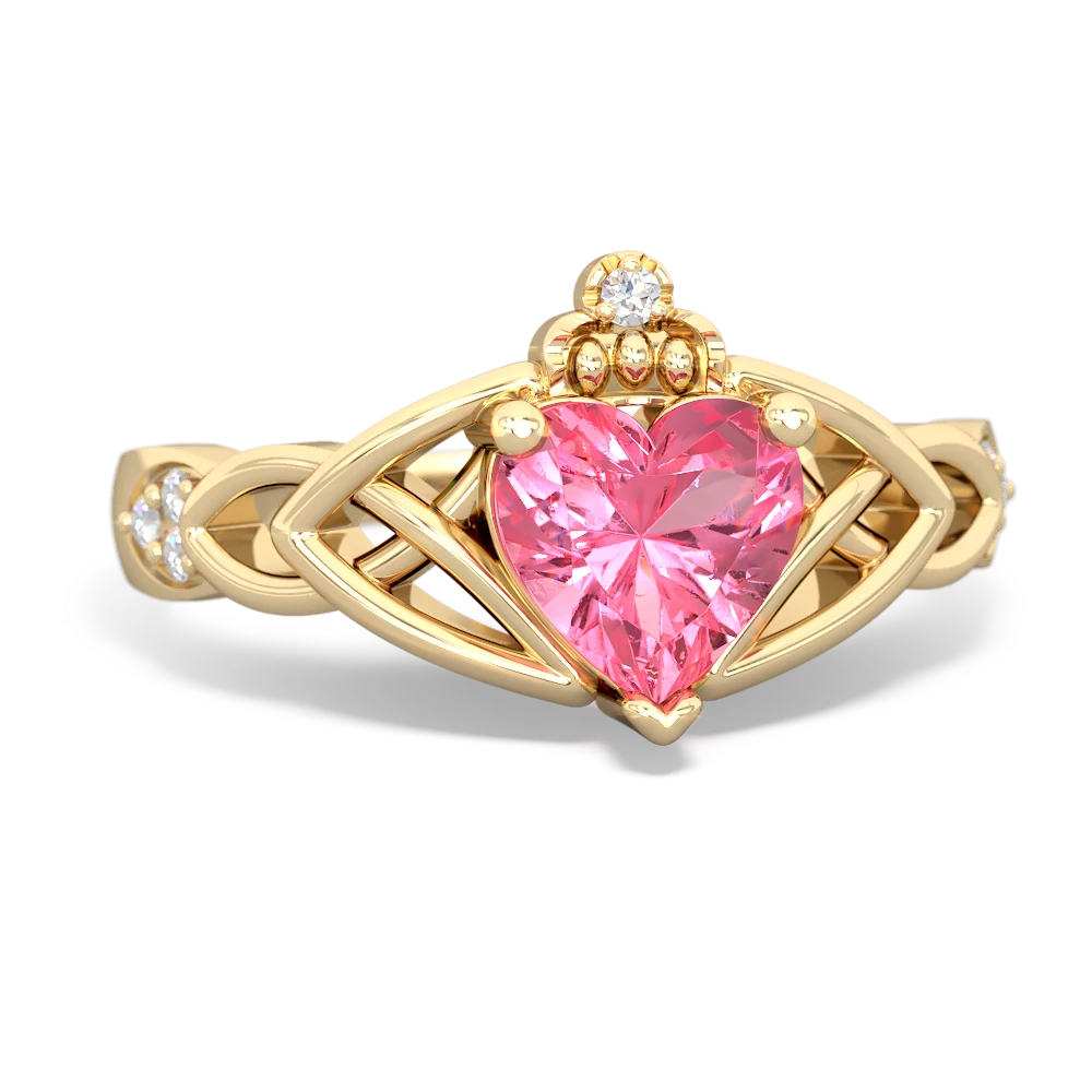 Lab Pink Sapphire Claddagh Celtic Knot Diamond 14K Yellow Gold ring R5001