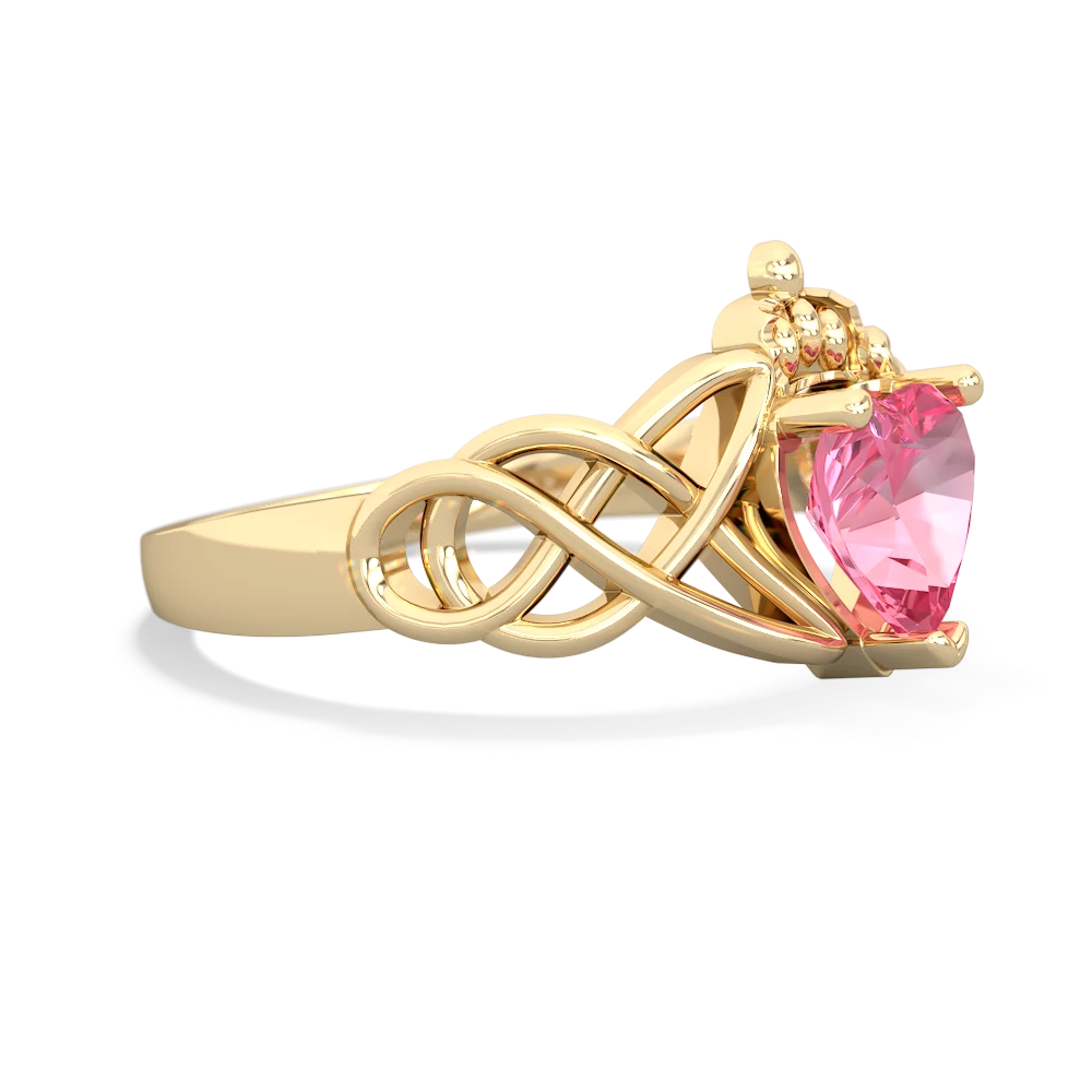 Lab Pink Sapphire Claddagh Celtic Knot 14K Yellow Gold ring R2367