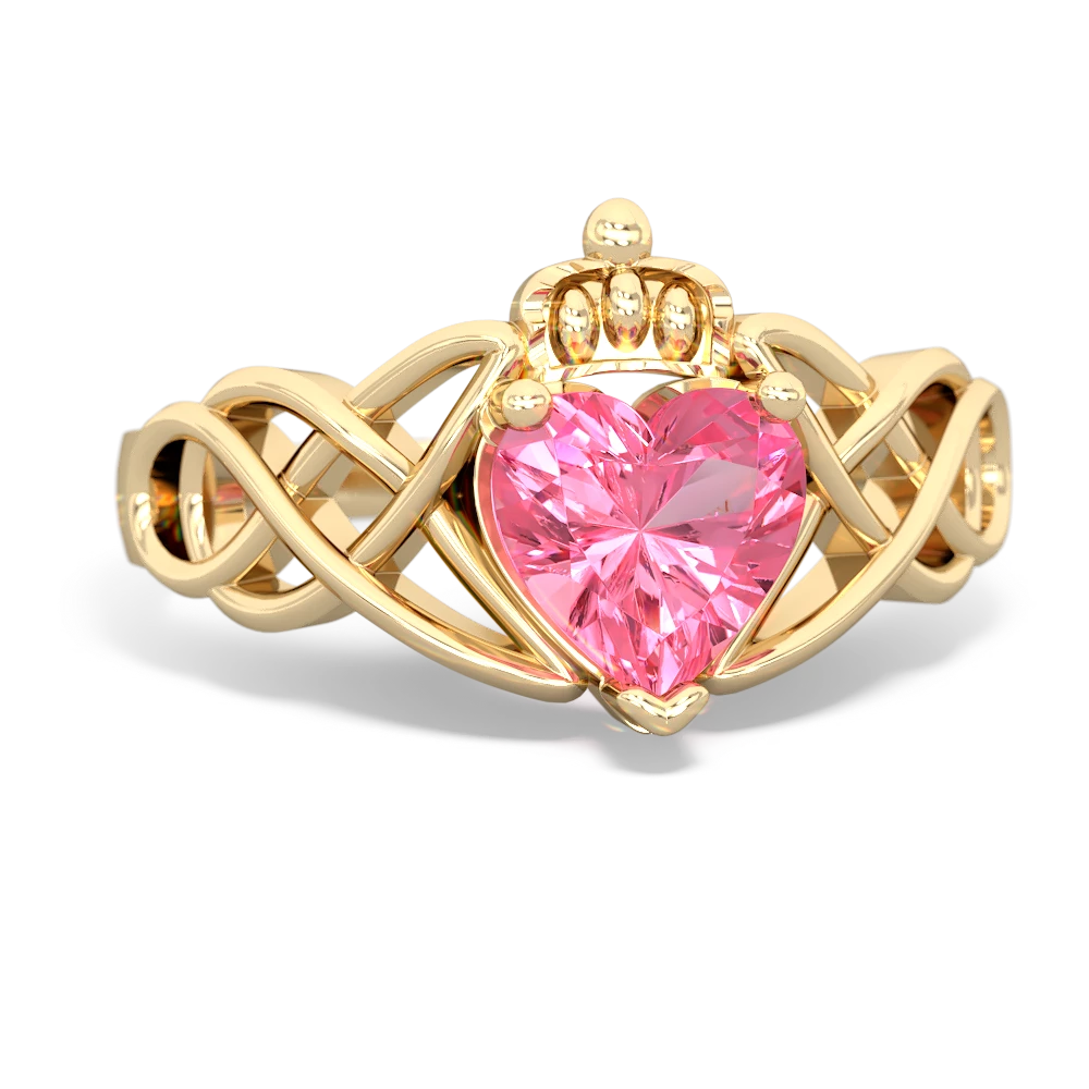 Lab Pink Sapphire Claddagh Celtic Knot 14K Yellow Gold ring R2367