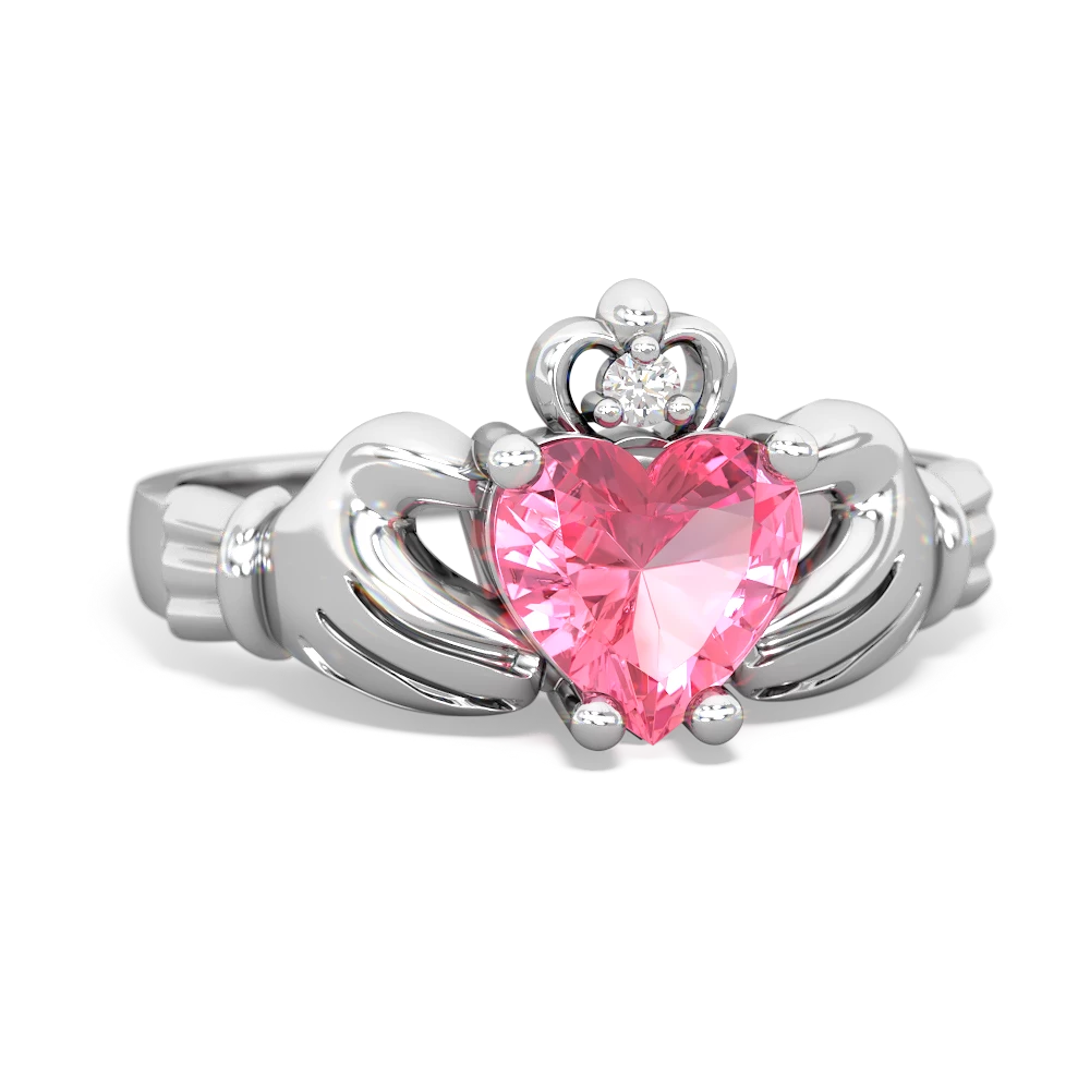 Lab Pink Sapphire Claddagh Diamond Crown 14K White Gold ring R2372