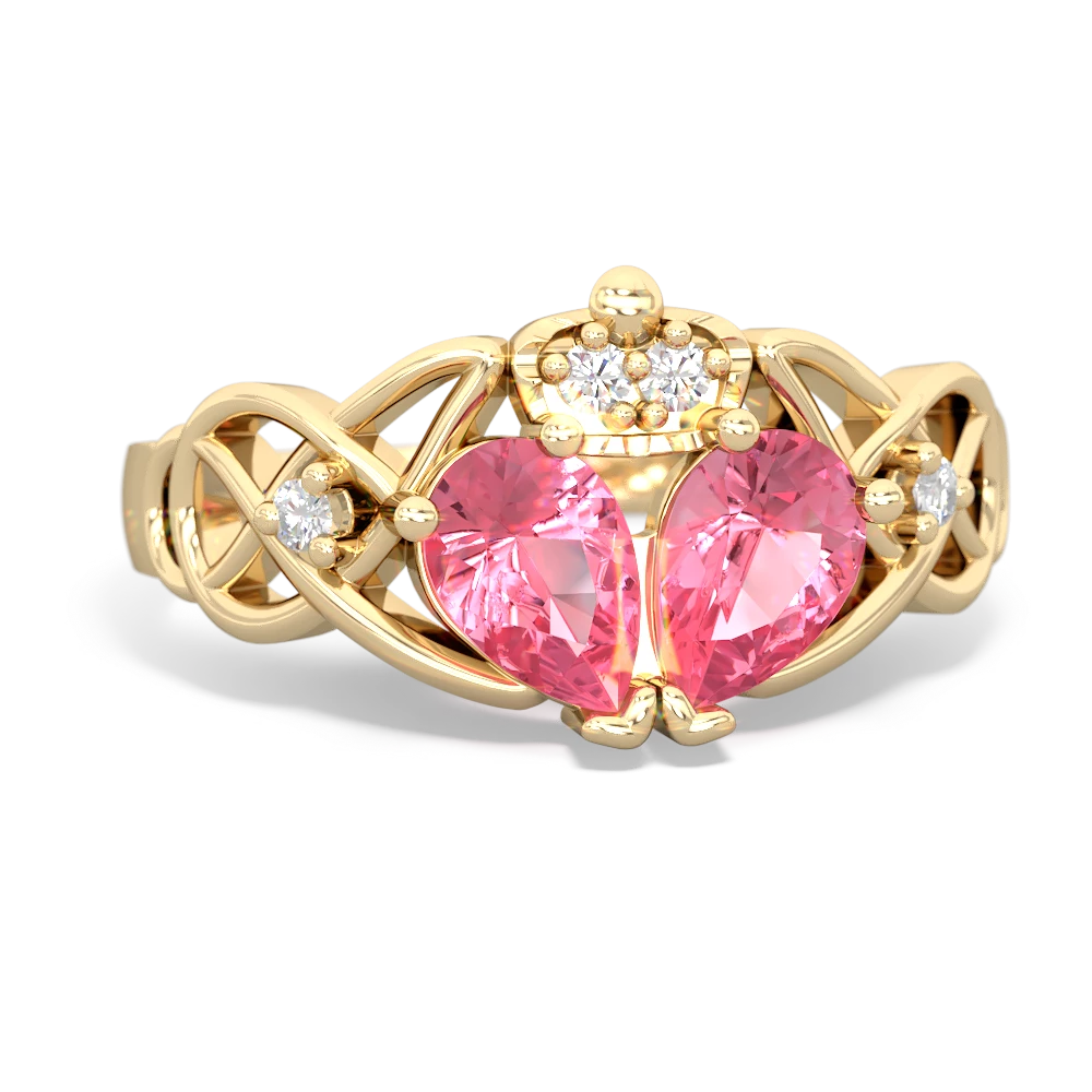 Lab Pink Sapphire 'One Heart' Celtic Knot Claddagh 14K Yellow Gold ring R5322