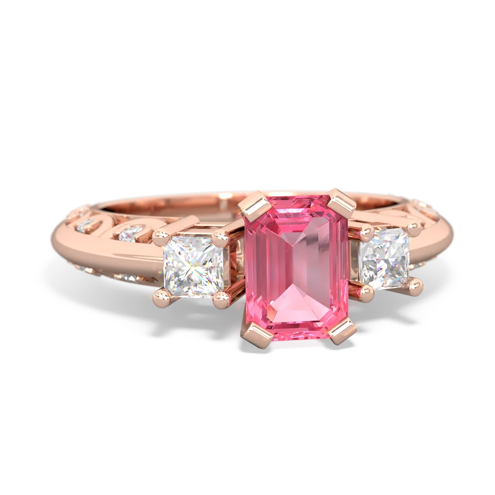 Lab Pink Sapphire Art Deco Diamond 7X5 Emerald-Cut Engagement 14K Rose Gold ring R20017EM