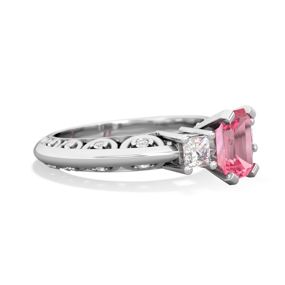 Lab Pink Sapphire Art Deco Diamond 7X5 Emerald-Cut Engagement 14K White Gold ring R20017EM