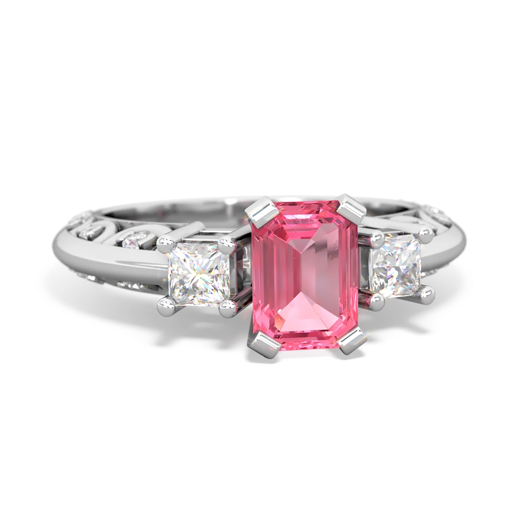 Lab Pink Sapphire Art Deco Diamond 7X5 Emerald-Cut Engagement 14K White Gold ring R20017EM