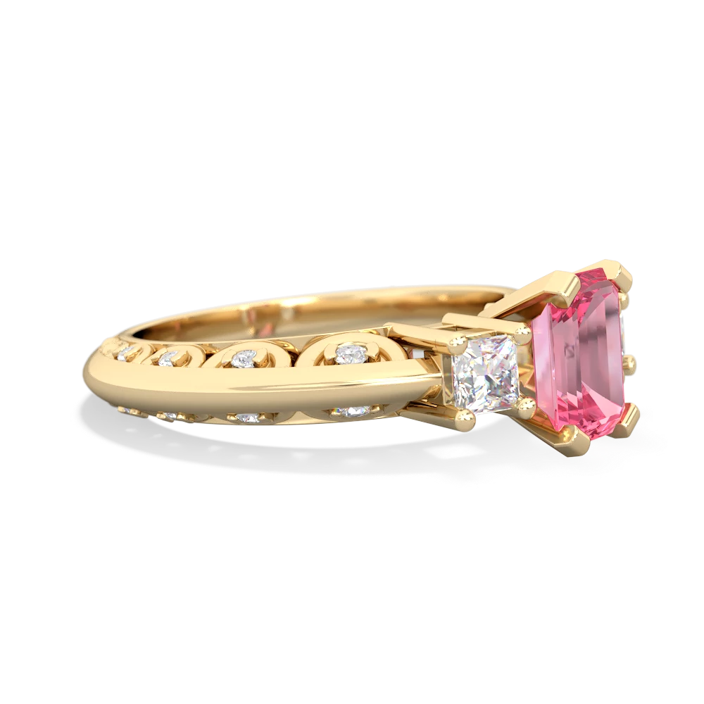 Lab Pink Sapphire Art Deco Diamond 7X5 Emerald-Cut Engagement 14K Yellow Gold ring R20017EM