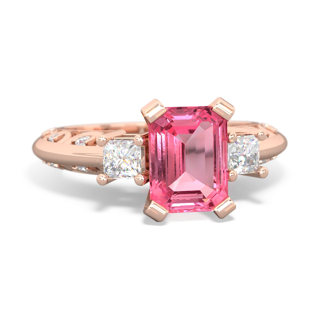 Lab Pink Sapphire Art Deco Diamond 8X6 Emerald-Cut Engagement 14K Rose Gold ring R20018EM