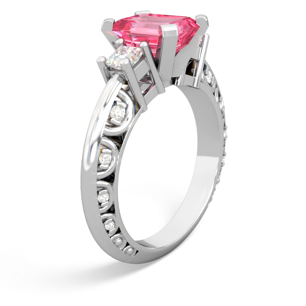 Lab Pink Sapphire Art Deco Diamond 8X6 Emerald-Cut Engagement 14K White Gold ring R20018EM