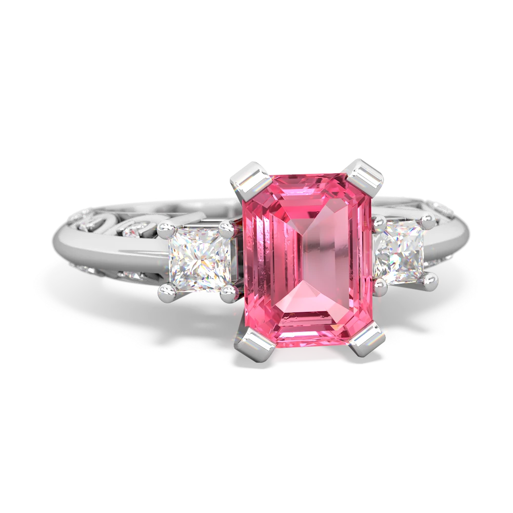 Lab Pink Sapphire Art Deco Diamond 8X6 Emerald-Cut Engagement 14K White Gold ring R20018EM