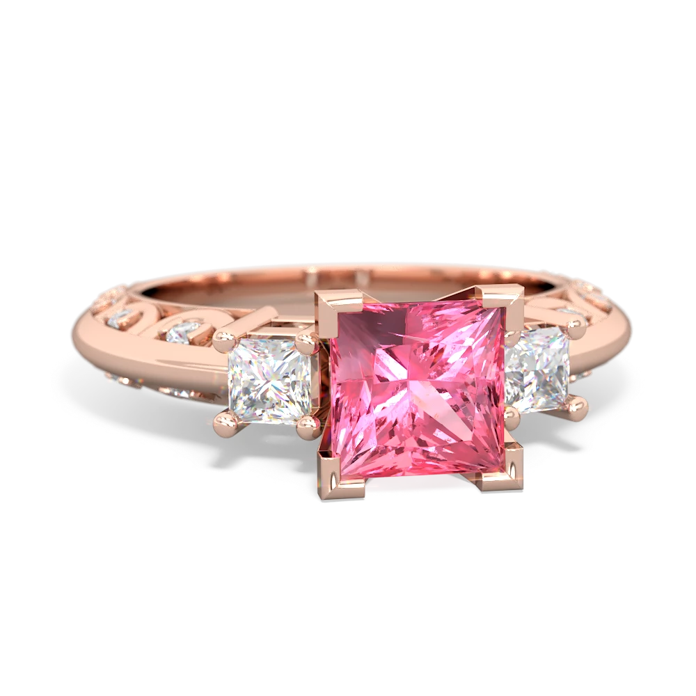 Lab Pink Sapphire Art Deco Diamond Engagement 6Mm Princess 14K Rose Gold ring R2001