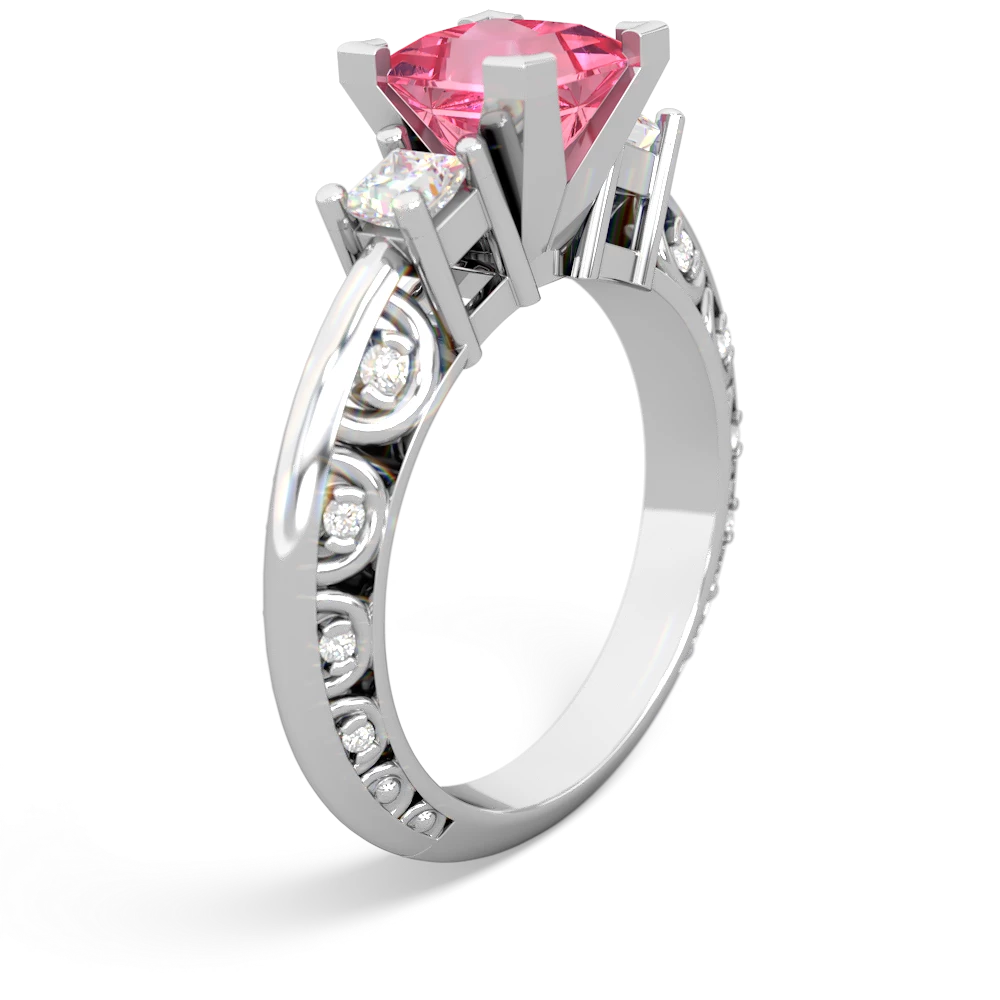 Lab Pink Sapphire Art Deco Diamond Engagement 6Mm Princess 14K White Gold ring R2001