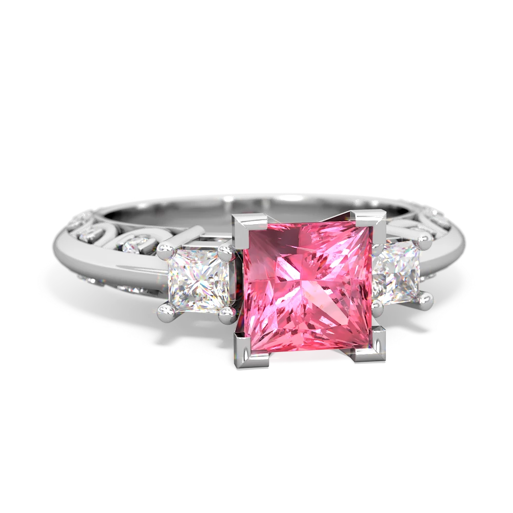 Lab Pink Sapphire Art Deco Diamond Engagement 6Mm Princess 14K White Gold ring R2001