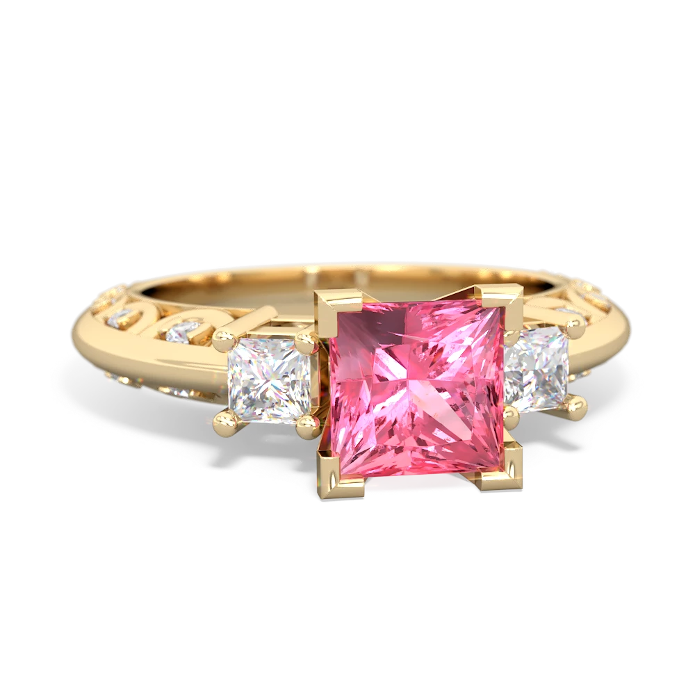 Lab Pink Sapphire Art Deco Diamond Engagement 6Mm Princess 14K Yellow Gold ring R2001