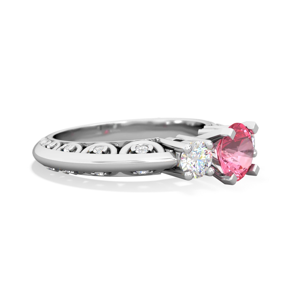 Lab Pink Sapphire Art Deco Diamond 6Mm Round Engagment 14K White Gold ring R2003