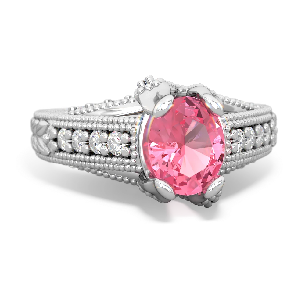 Lab Pink Sapphire Antique Style Milgrain Diamond 14K White Gold ring R2028