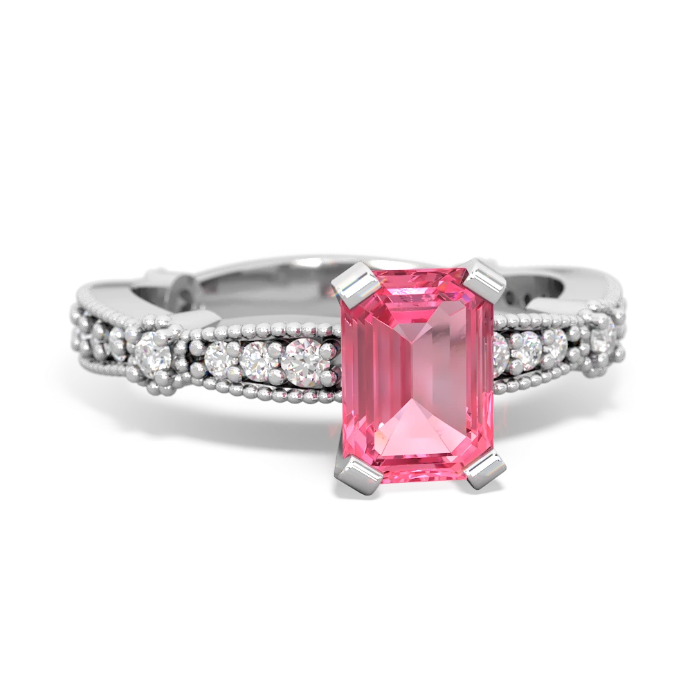 Lab Pink Sapphire Sparkling Tiara 7X5mm Emerald-Cut 14K White Gold ring R26297EM