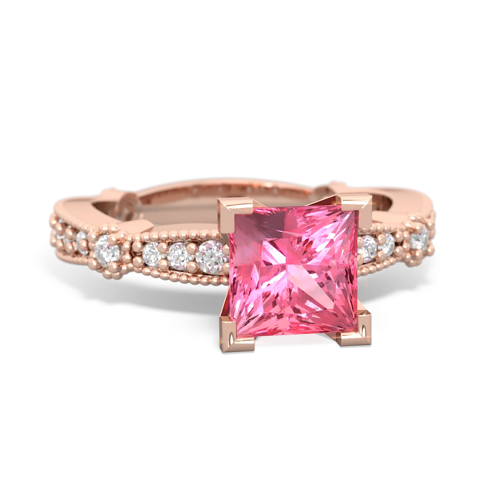 Lab Pink Sapphire Sparkling Tiara 6Mm Princess 14K Rose Gold ring R26296SQ