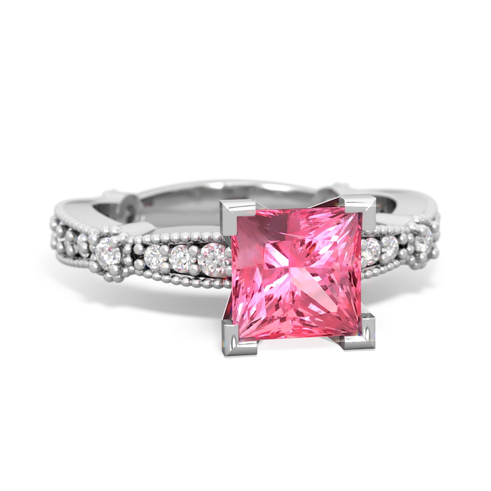 Lab Pink Sapphire Sparkling Tiara 6Mm Princess 14K White Gold ring R26296SQ