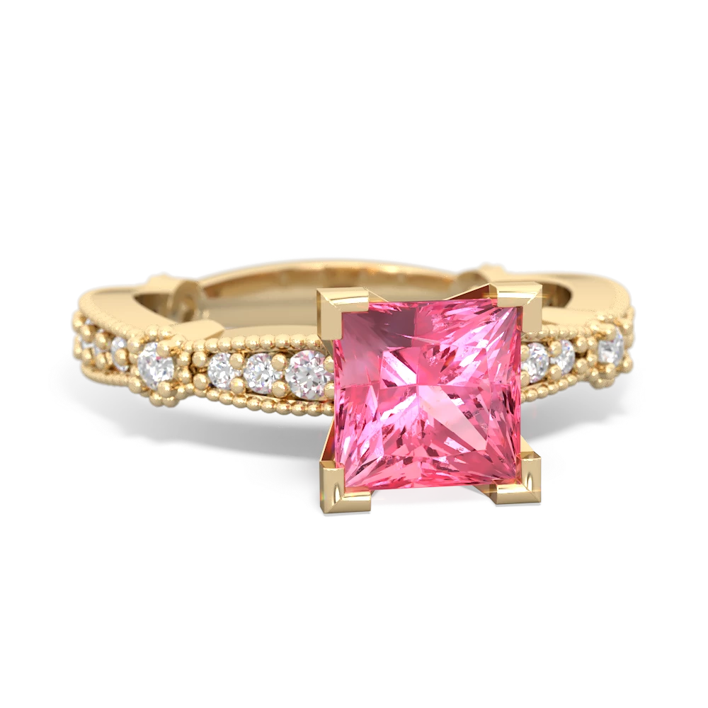 Lab Pink Sapphire Sparkling Tiara 6Mm Princess 14K Yellow Gold ring R26296SQ