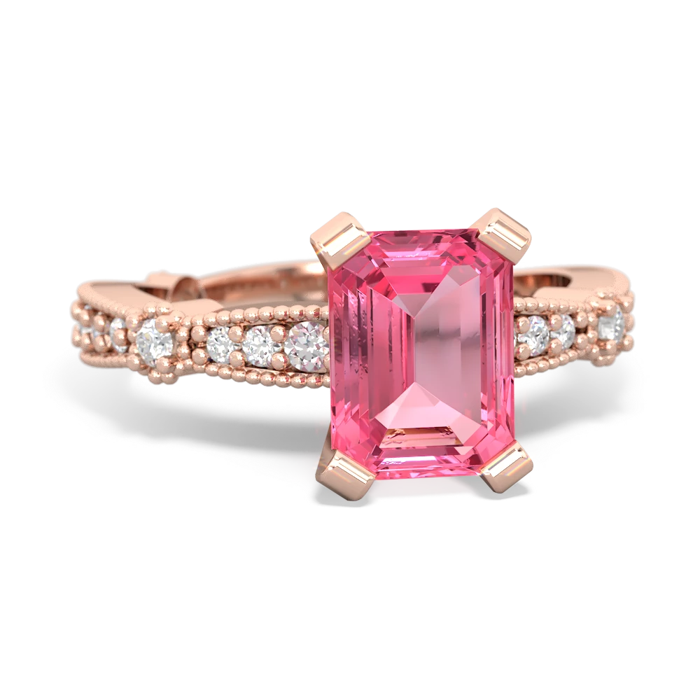 Lab Pink Sapphire Sparkling Tiara 8X6 Emerald-Cut 14K Rose Gold ring R26298EM