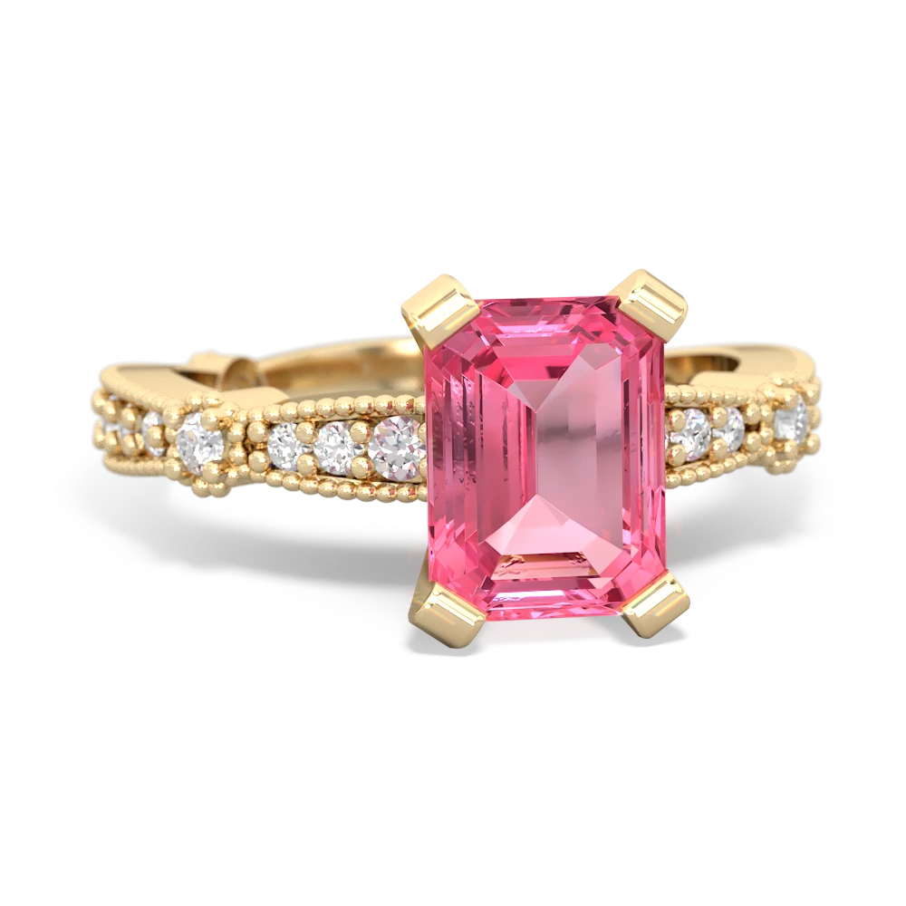 Lab Pink Sapphire Sparkling Tiara 8X6 Emerald-Cut 14K Yellow Gold ring R26298EM