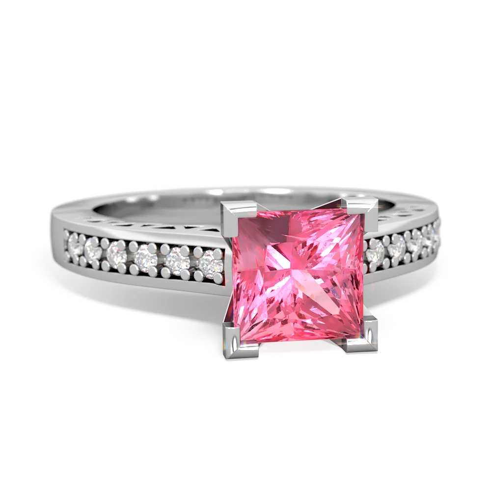 Lab Pink Sapphire Art Deco Engagement 6Mm Princess 14K White Gold ring R26356SQ