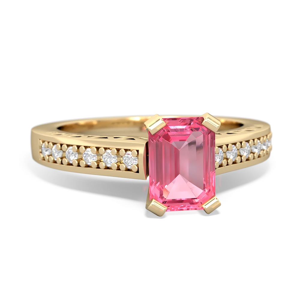 Lab Pink Sapphire Art Deco Engagement 7X5mm Emerald-Cut 14K Yellow Gold ring R26357EM