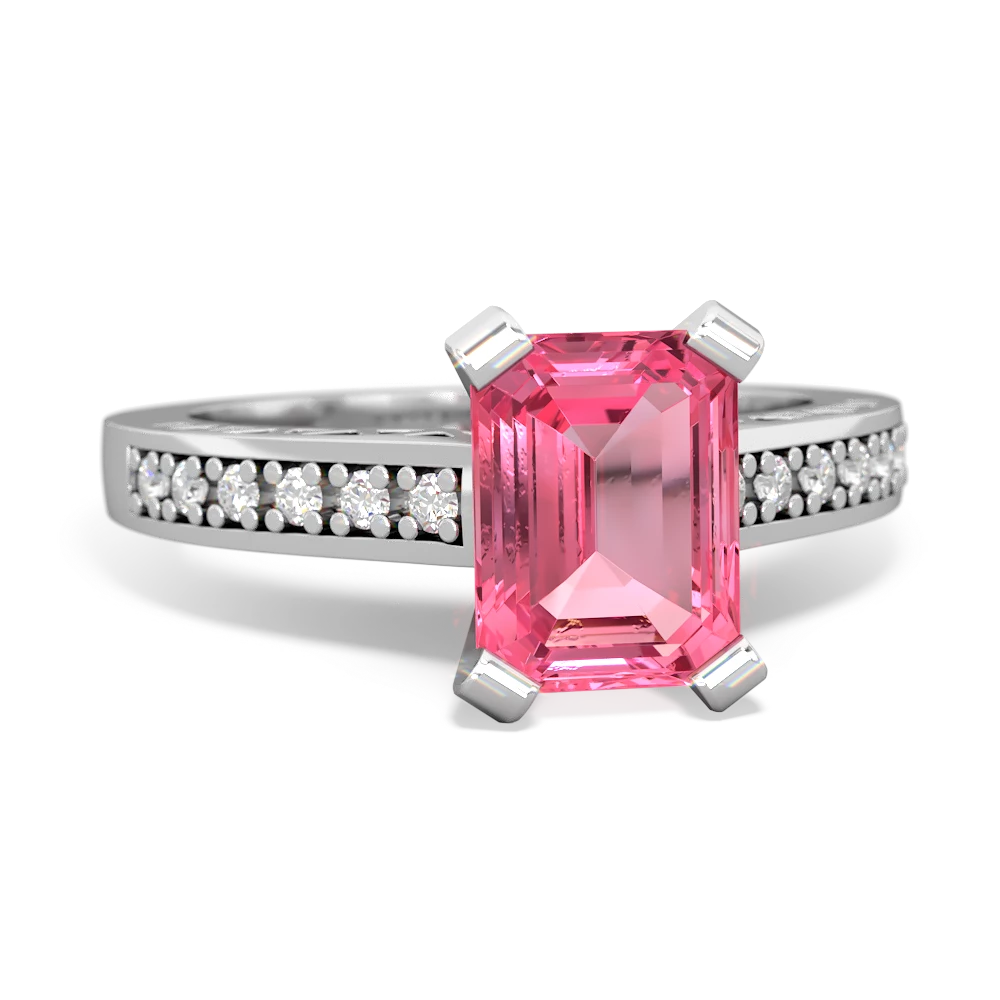 Lab Pink Sapphire Art Deco Engagement 8X6mm Emerald-Cut 14K White Gold ring R26358EM