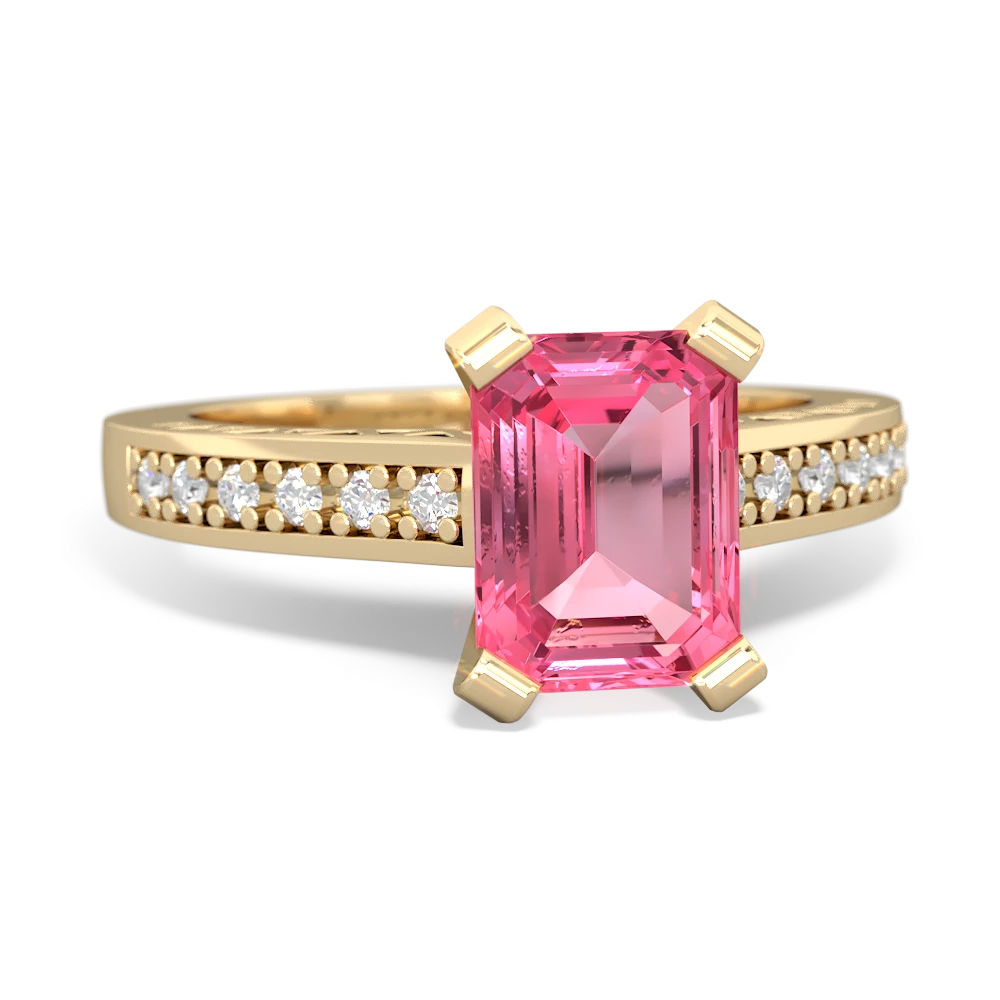 Lab Pink Sapphire Art Deco Engagement 8X6mm Emerald-Cut 14K Yellow Gold ring R26358EM