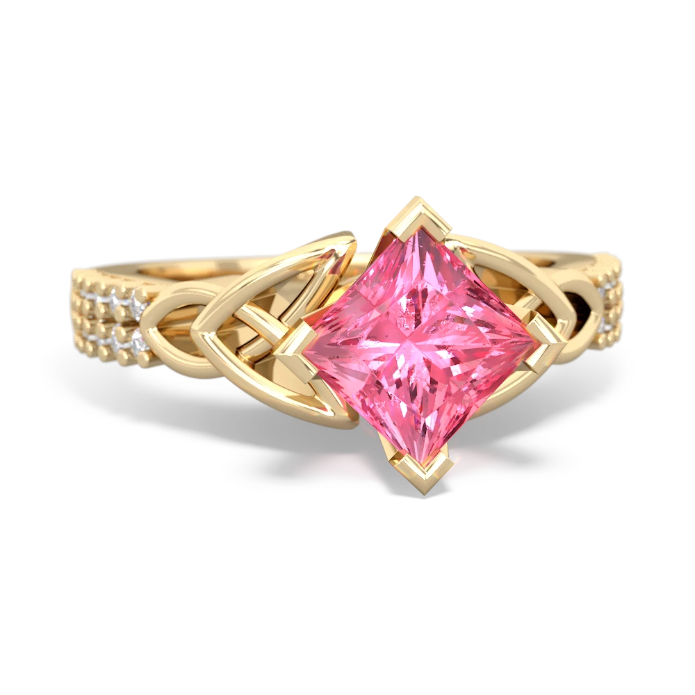 Lab Pink Sapphire Celtic Knot 6Mm Princess Engagement 14K Yellow Gold ring R26446SQ