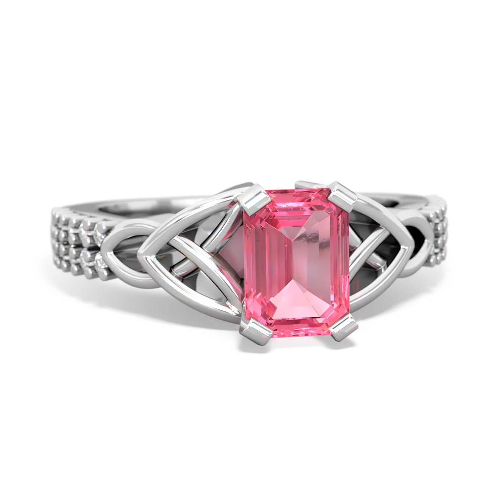 Lab Pink Sapphire Celtic Knot 7X5 Emerald-Cut Engagement 14K White Gold ring R26447EM