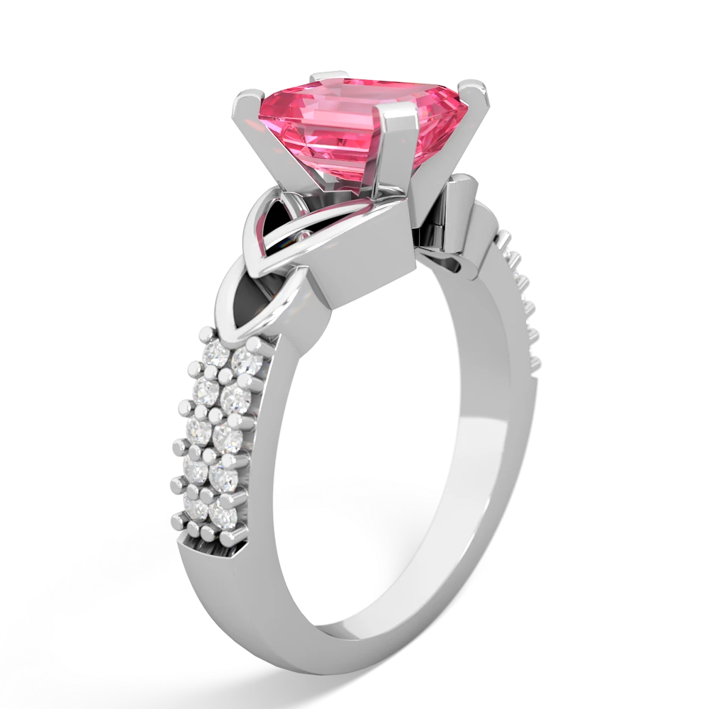 Lab Pink Sapphire Celtic Knot 8X6 Emerald-Cut Engagement 14K White Gold ring R26448EM