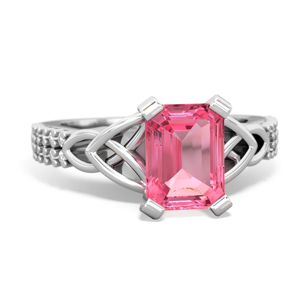 Lab Pink Sapphire Celtic Knot 8X6 Emerald-Cut Engagement 14K White Gold ring R26448EM