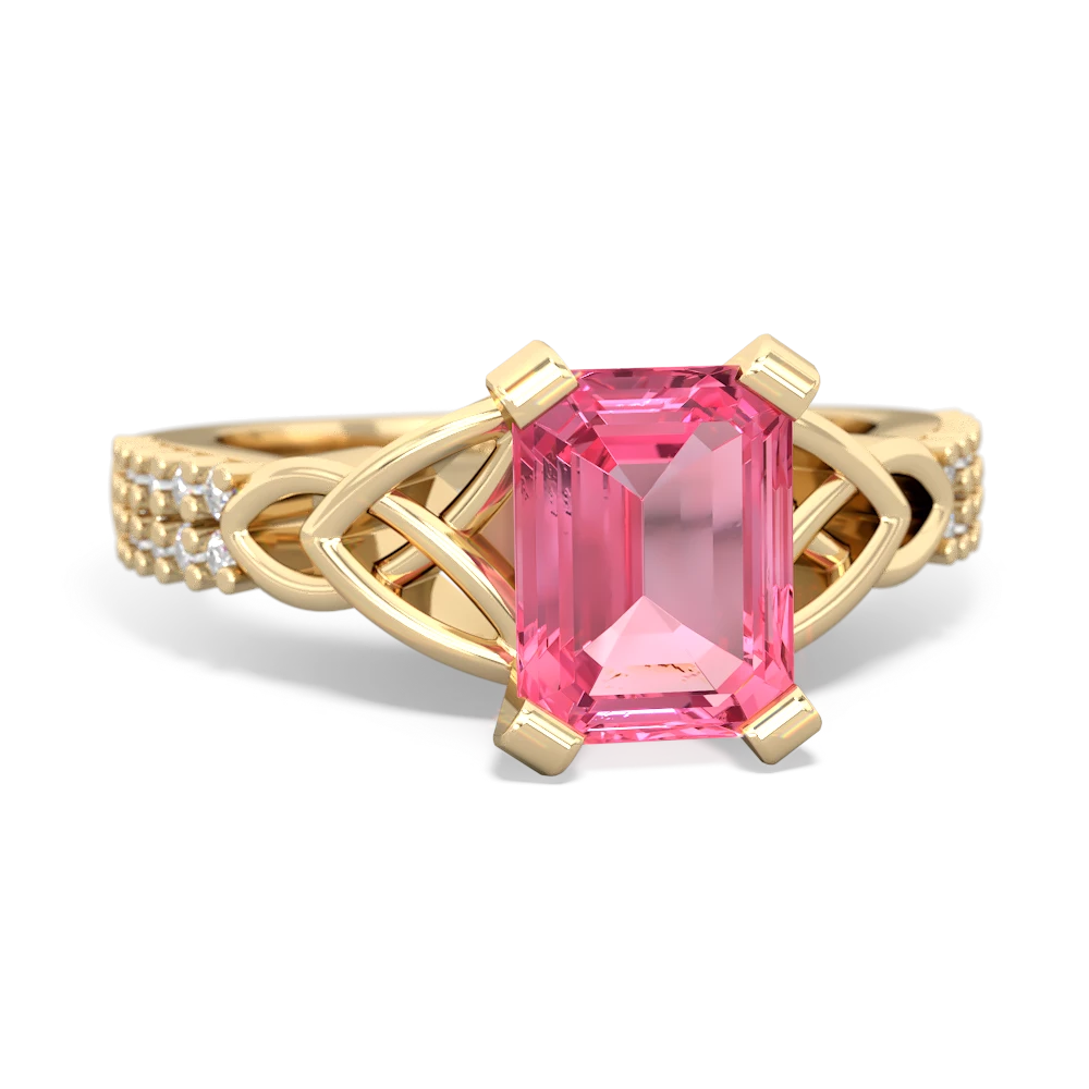 Lab Pink Sapphire Celtic Knot 8X6 Emerald-Cut Engagement 14K Yellow Gold ring R26448EM