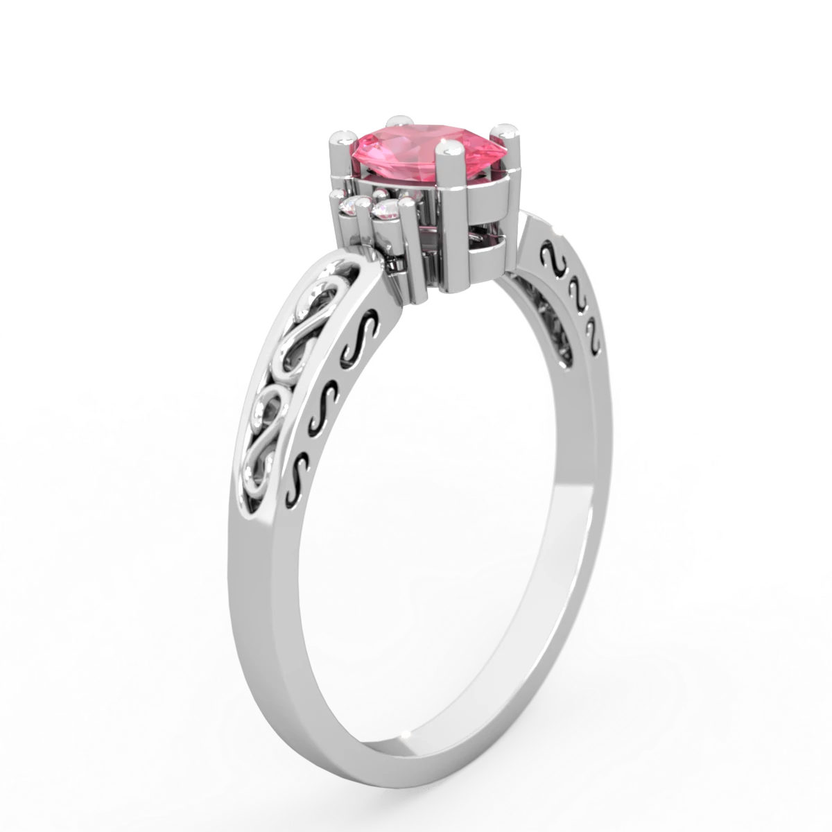 Lab Pink Sapphire Filligree Scroll Oval 14K White Gold ring R0812