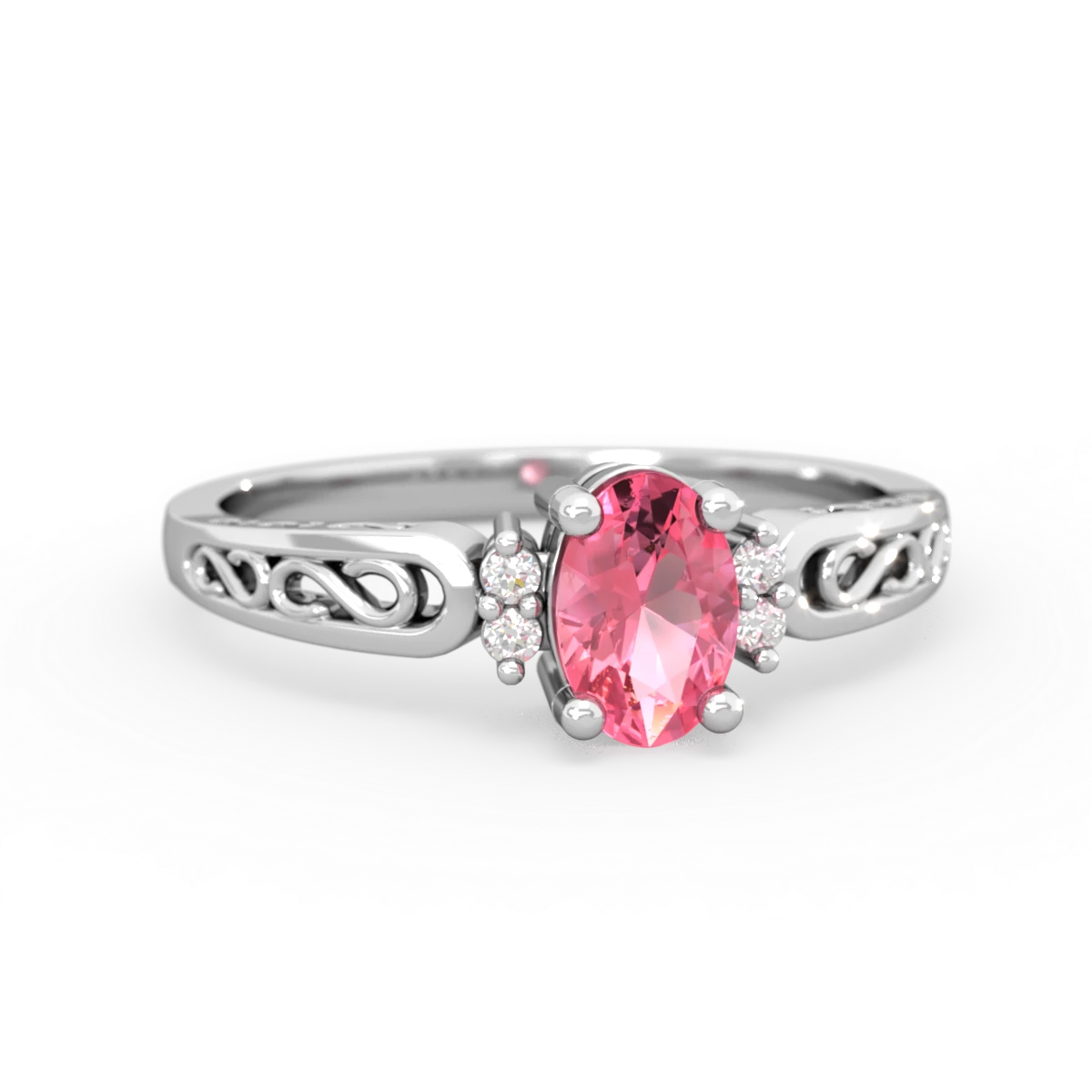 Lab Pink Sapphire Filligree Scroll Oval 14K White Gold ring R0812