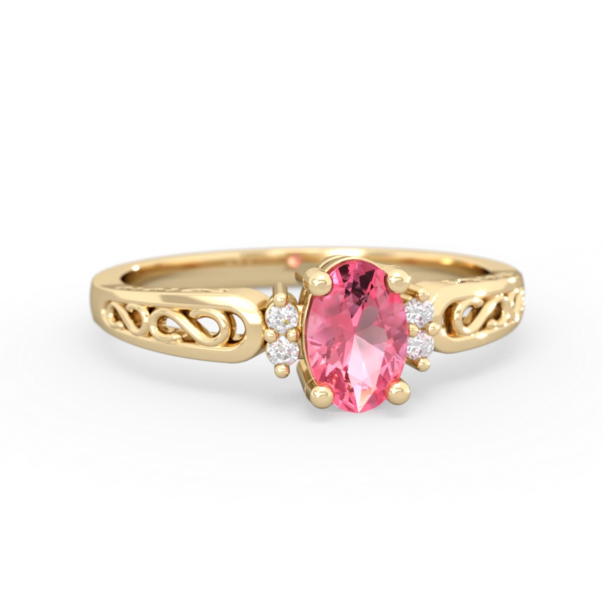 Lab Pink Sapphire Filligree Scroll Oval 14K Yellow Gold ring R0812