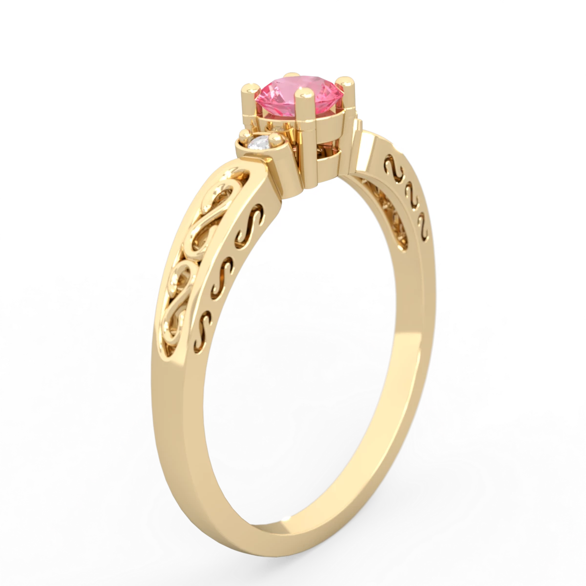 Lab Pink Sapphire Filligree Scroll Round 14K Yellow Gold ring R0829