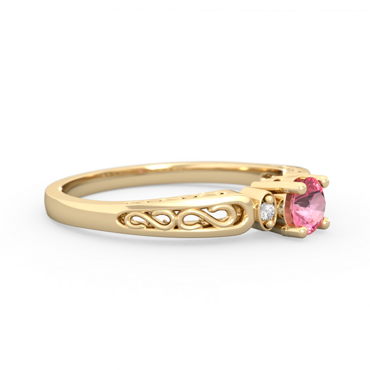 Lab Pink Sapphire Filligree Scroll Round 14K Yellow Gold ring R0829
