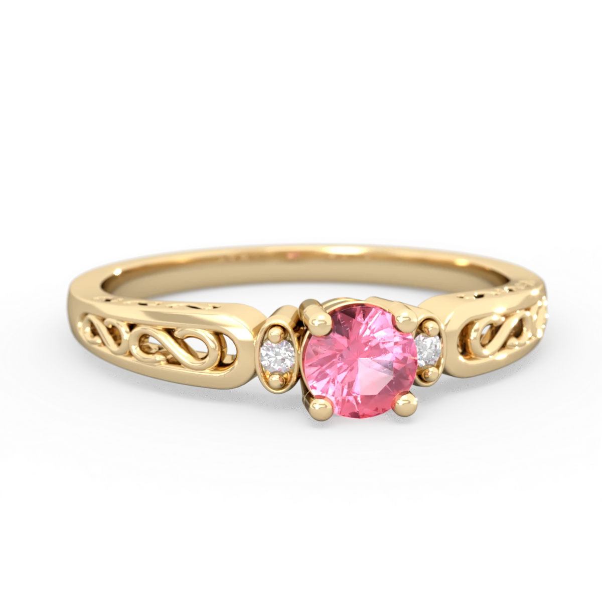 Lab Pink Sapphire Filligree Scroll Round 14K Yellow Gold ring R0829