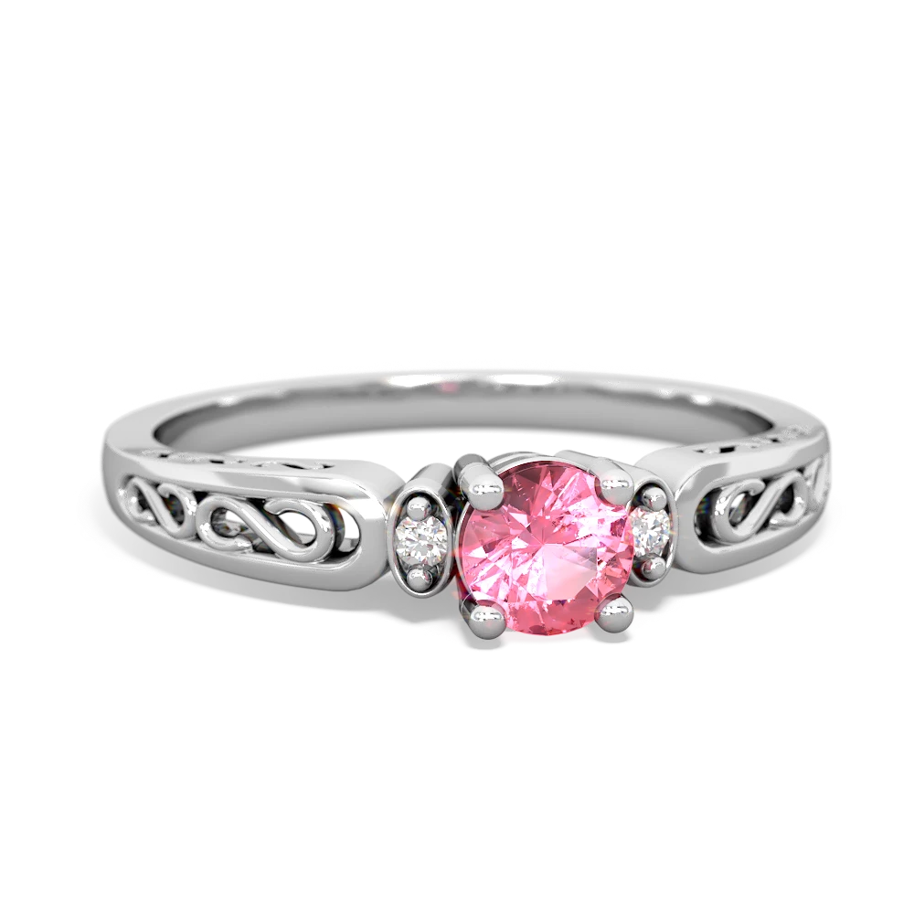 Lab Pink Sapphire Filligree Scroll Round 14K White Gold ring R0829