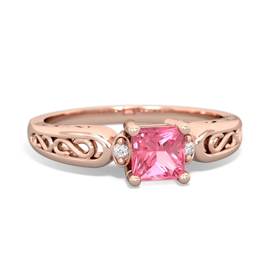 Lab Pink Sapphire Filligree Scroll Square 14K Rose Gold ring R2430